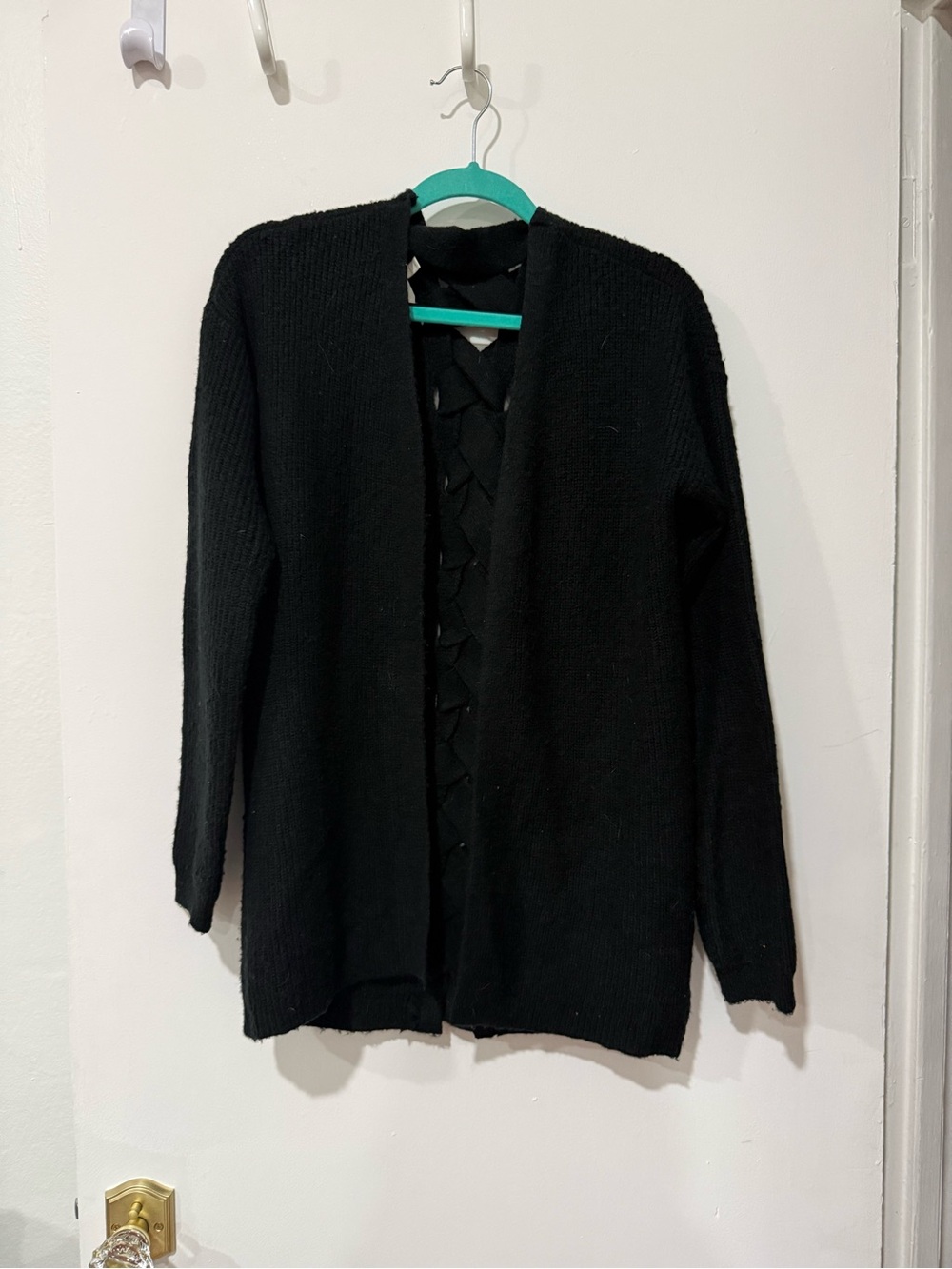 Maurices Black Open-Front Knit Cardigan with Ladder Detail